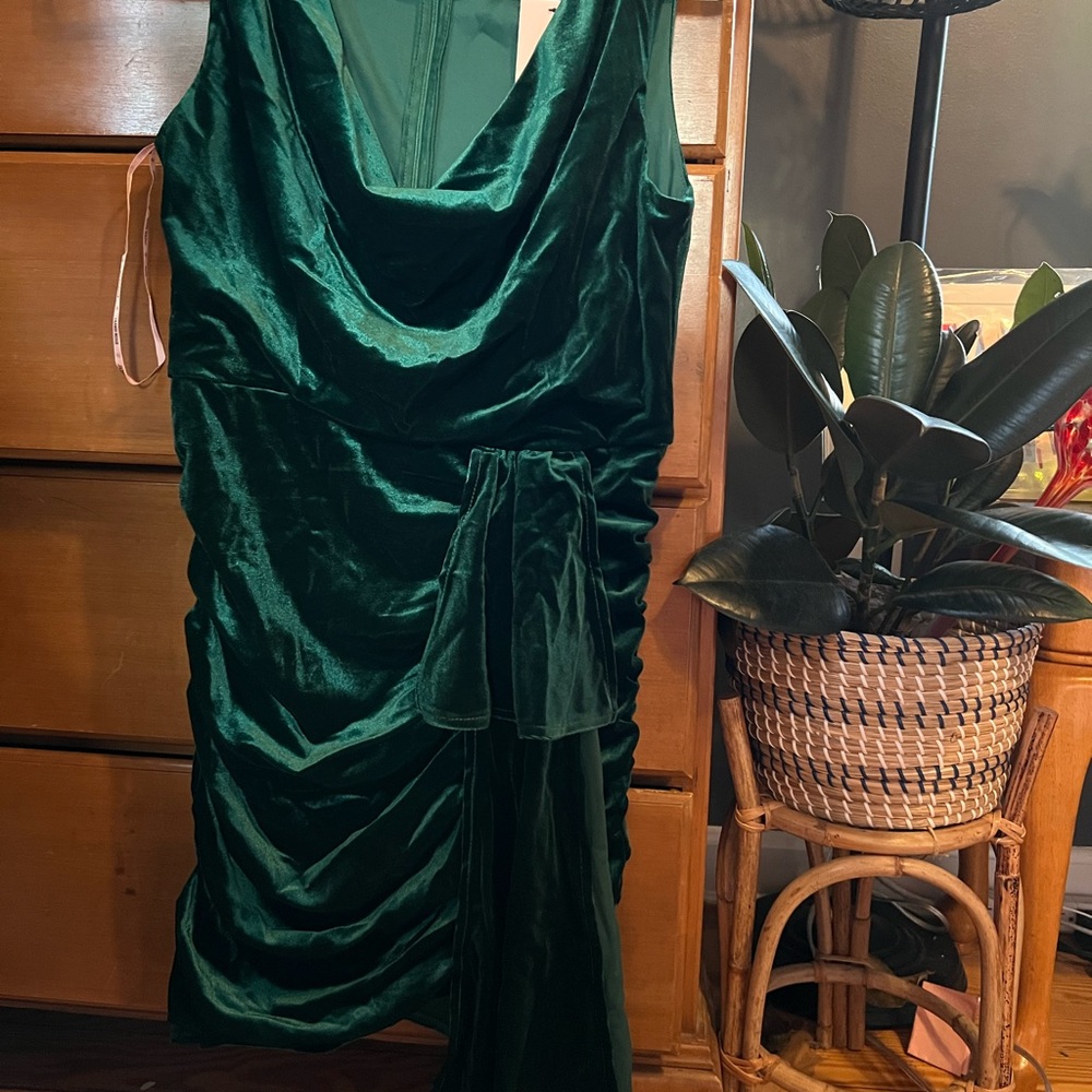 Jaded rose velvet ruched cowl neck emerald green mini dress